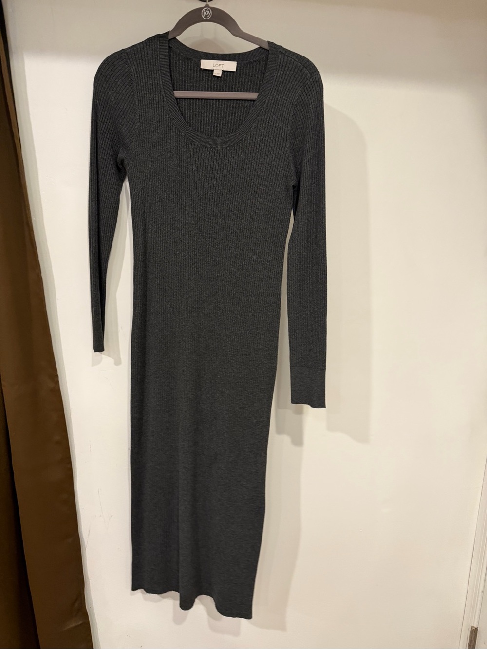 LOFT Medium Charcoal Ribbed Long Sleeve Midi Dress